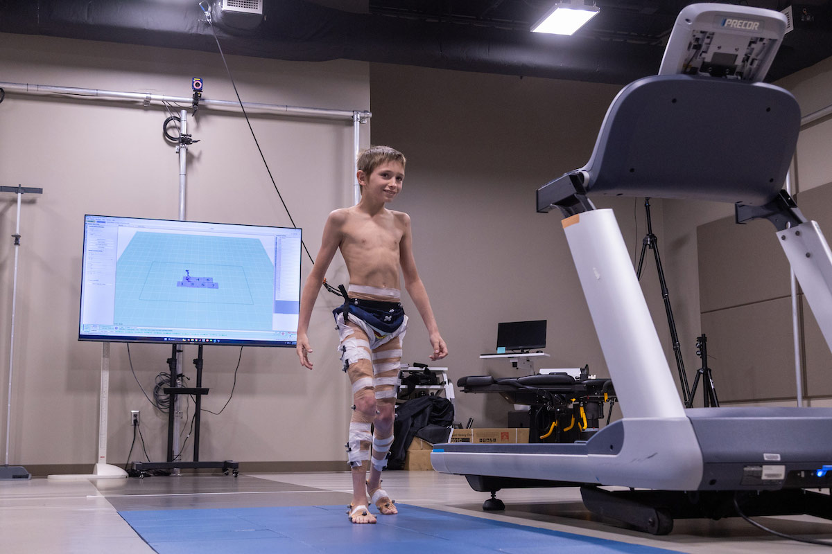 Theo Brewer undergoes clinical gait analysis testing in the University of Nebraska at Omaha’s Biomechanics Research Building.